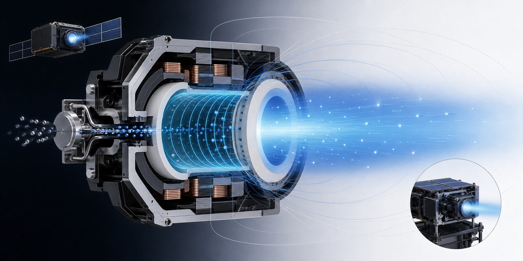 Scientific illustration of a Hall effect thruster cross-section with magnetic field lines and blue ion plume