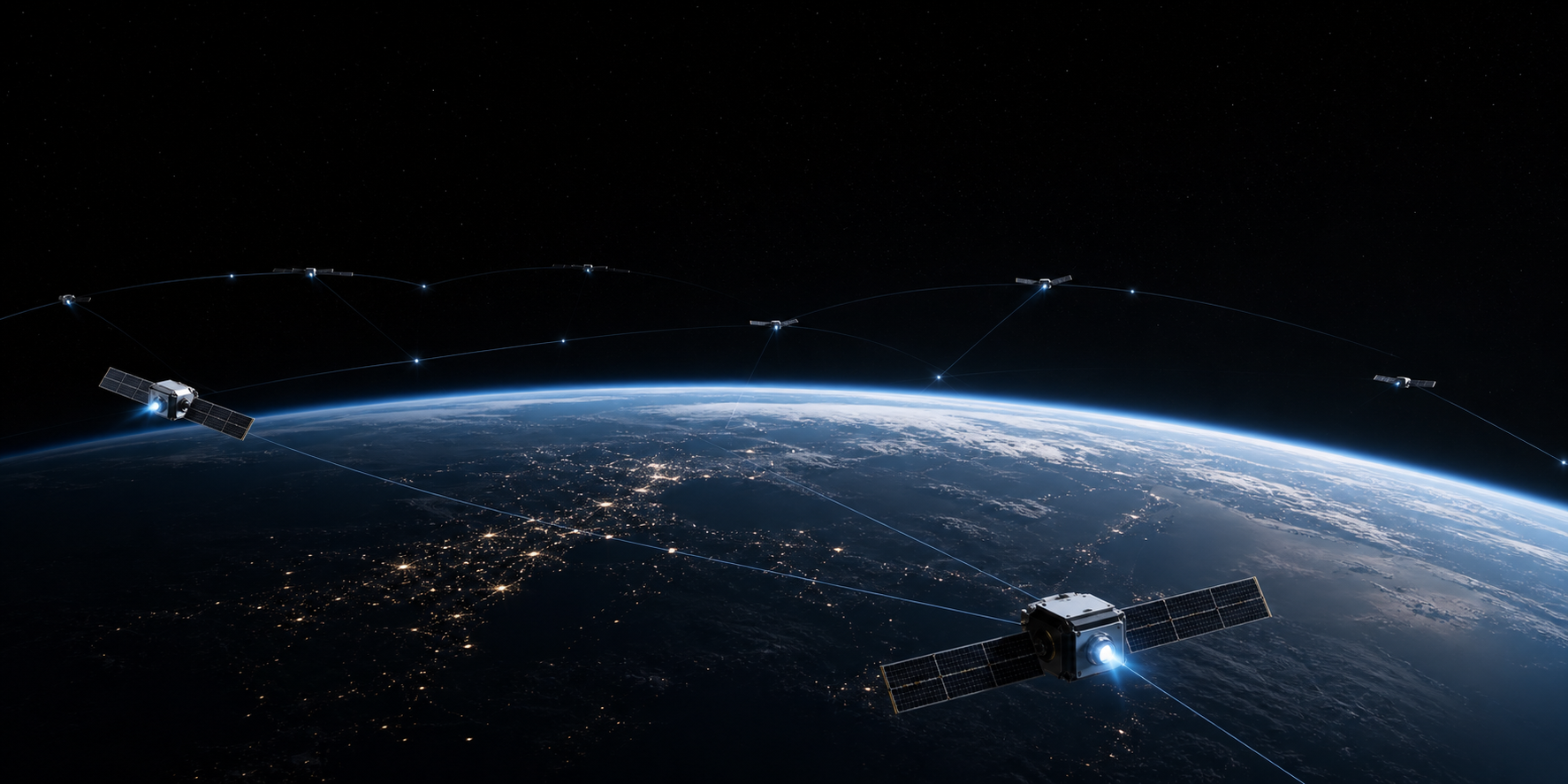 Low Earth orbit satellite constellation above Earth at night