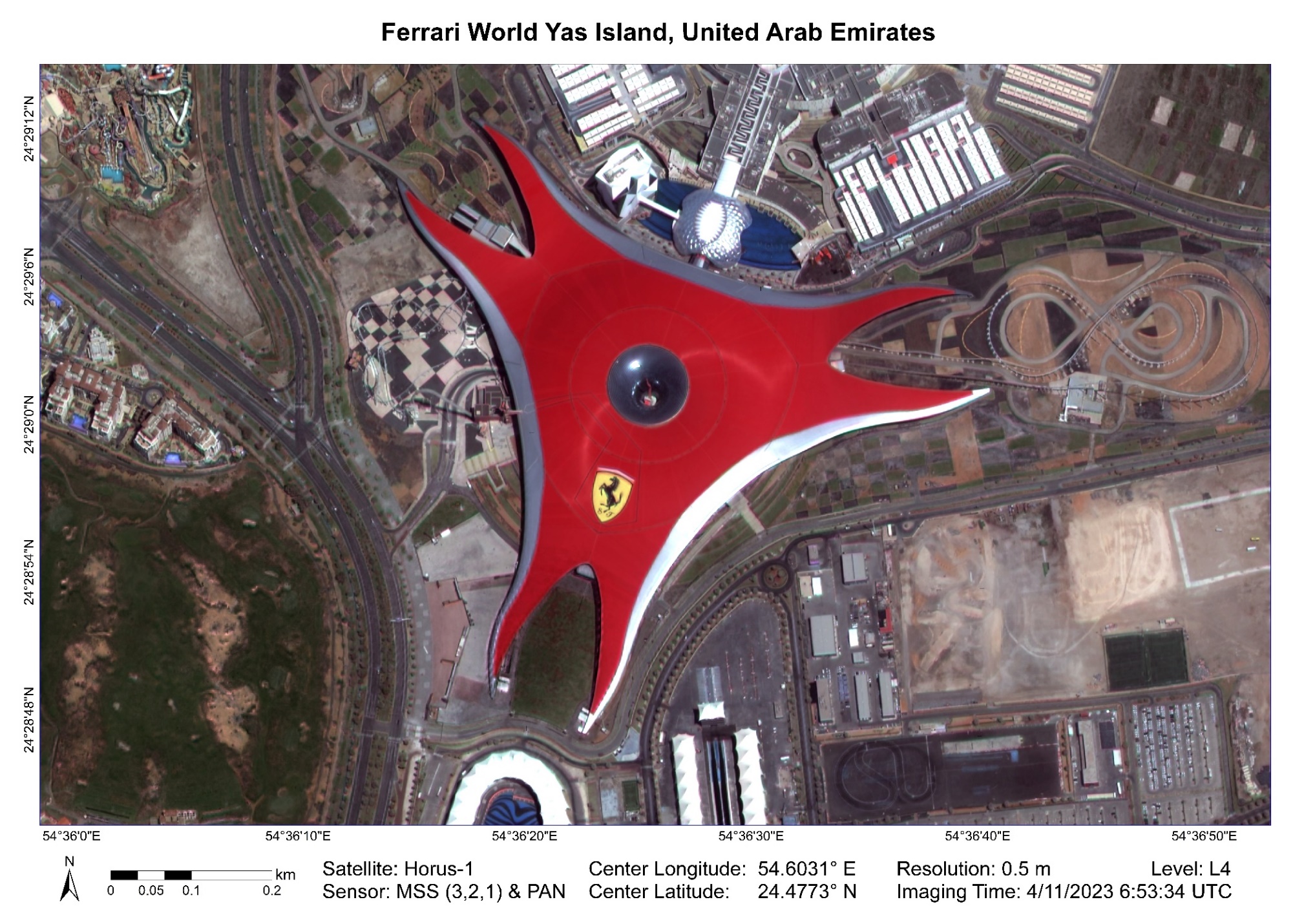 High resolution satellite imagery sample of Ferrari World Yas Island in the United Arab Emirates
