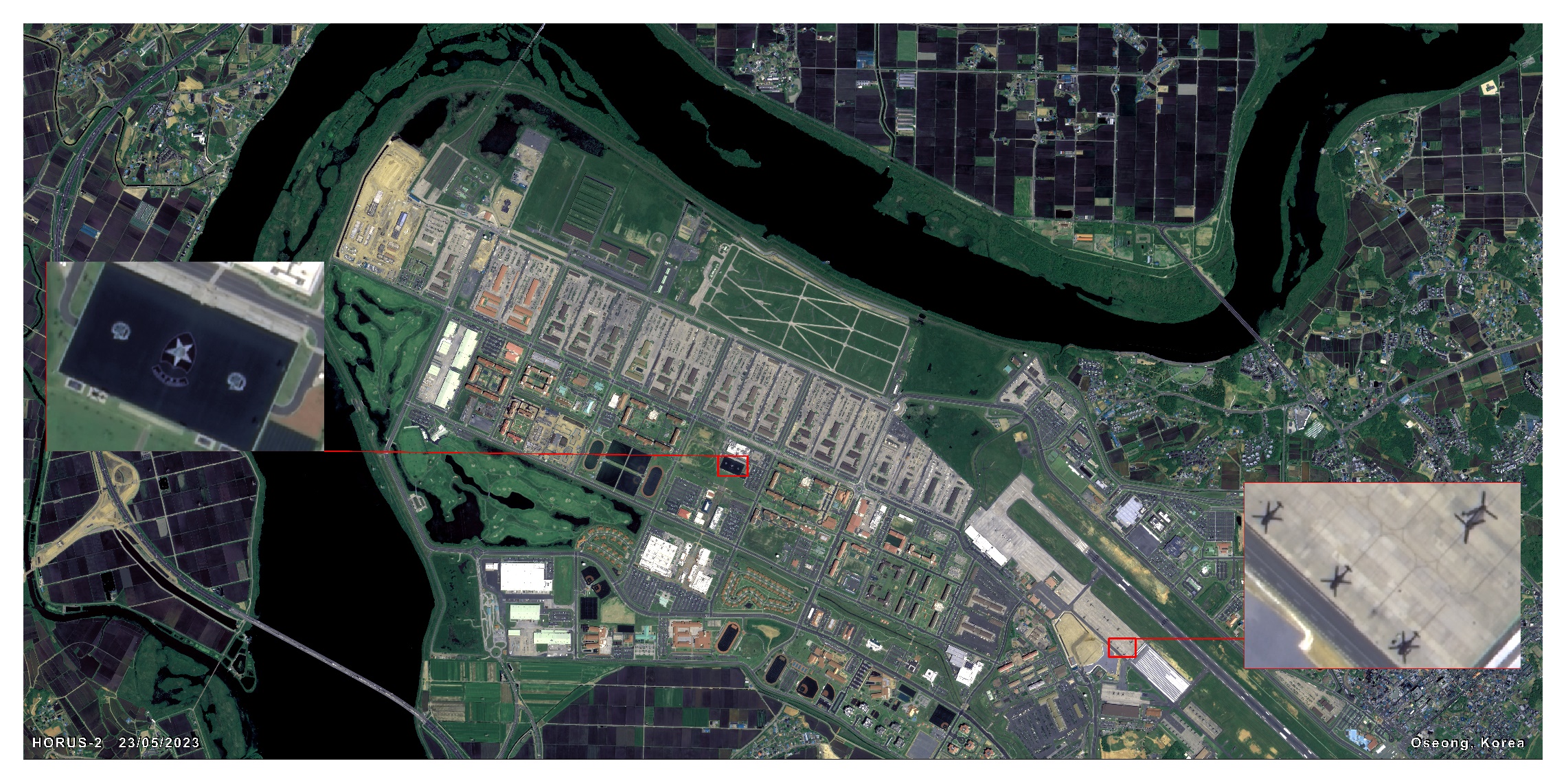 Satellite imagery sample with aircraft detection callouts in Oseong, Korea