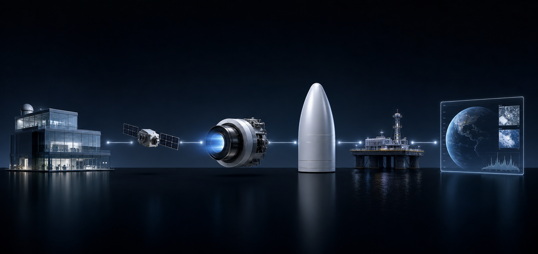Futuristic space service chain showing research, satellite, propulsion, launch infrastructure, and Earth data